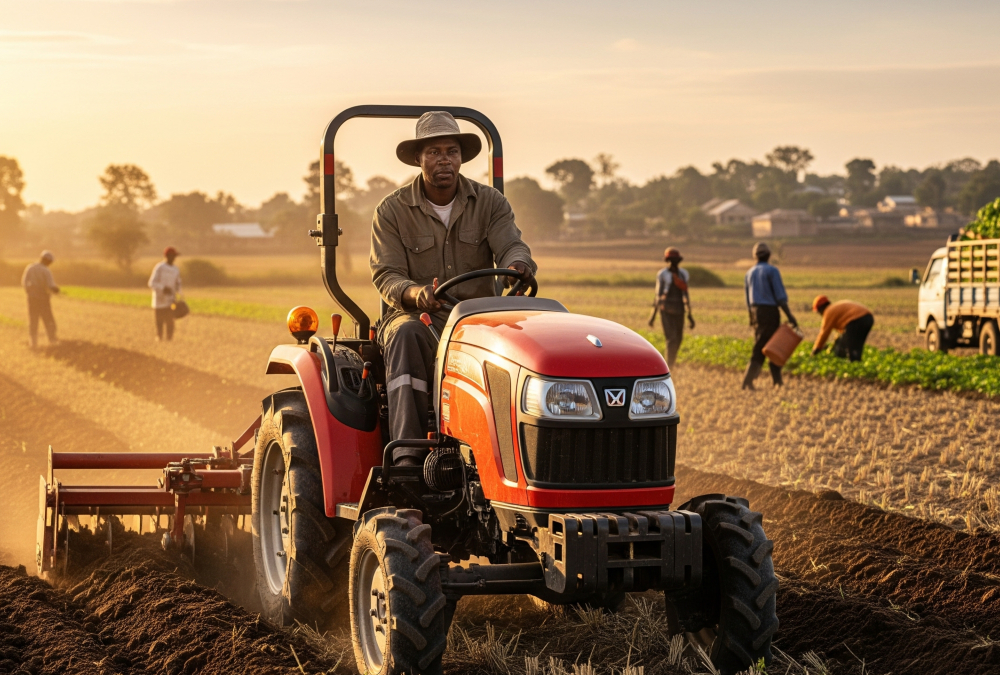 African farmer working in a sunlit field with modern farming tools, symbolizing the untapped potential of Africa’s agribusiness and the future of sustainable agriculture on the continent.