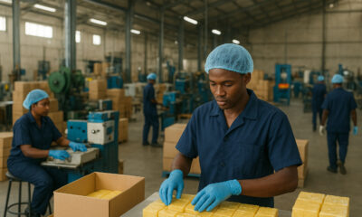 Factory workers in an East African manufacturing plant inspecting textiles on a production line, symbolizing the region's growing industrial potential and export ambitions.