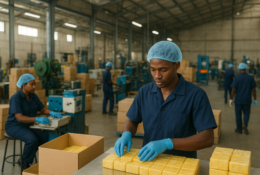 Factory workers in an East African manufacturing plant inspecting textiles on a production line, symbolizing the region's growing industrial potential and export ambitions.