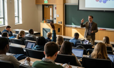 University lecture hall with professor teaching students, representing U.S. higher education academic environment.