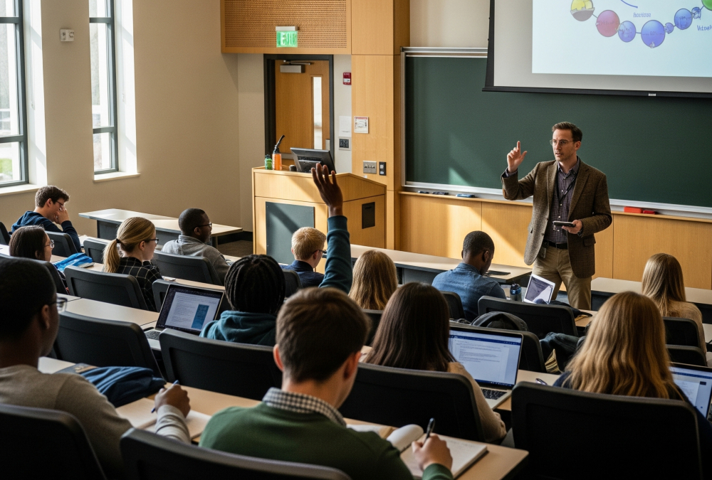 University lecture hall with professor teaching students, representing U.S. higher education academic environment.