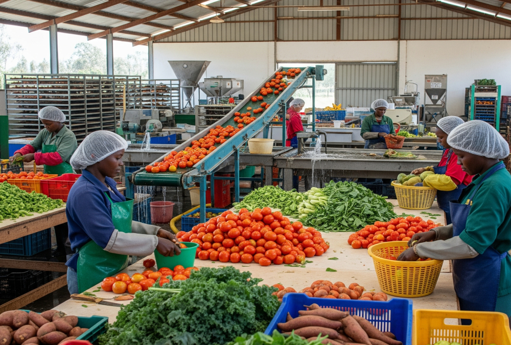 Fresh produce being prepared for processing in a rural African agro-industrial hub to reduce post-harvest losses.