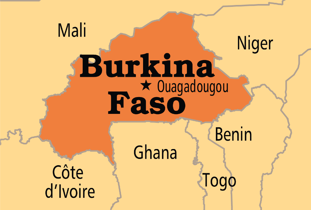 Map of West Africa highlighting Burkina Faso with overlay icons representing agriculture (cotton and cattle), gold mining, solar panels, and mobile banking symbols, illustrating key investment opportunities in the landlocked nation.