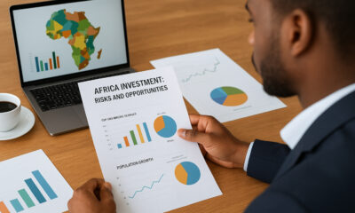 Investor analyzing African market growth and investment opportunities across sectors like fintech, agriculture, and infrastructure on a digital dashboard with maps, charts, and demographic trends.