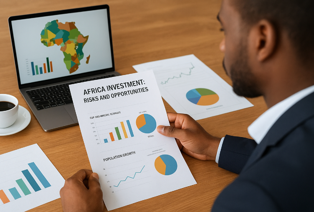 Investor analyzing African market growth and investment opportunities across sectors like fintech, agriculture, and infrastructure on a digital dashboard with maps, charts, and demographic trends.