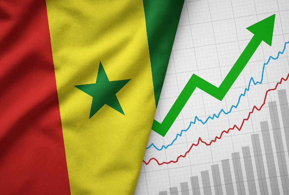 Symbolic image representing economic sovereignty (Senegalese flag intertwined with economic charts/growth arrows)