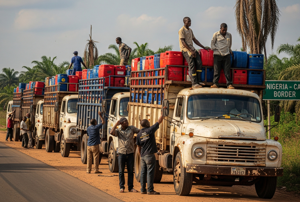 Trucks loaded with palm oil kegs in Nigeria prepared for cross-border trade, symbolizing the country’s palm oil industry decline and lost agricultural potential.