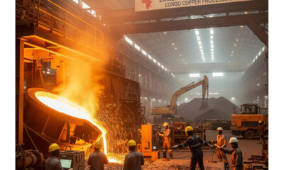 Industrial copper processing in Africa, showing workers handling copper cathodes at a smelting facility, symbolizing efforts toward mineral beneficiation.