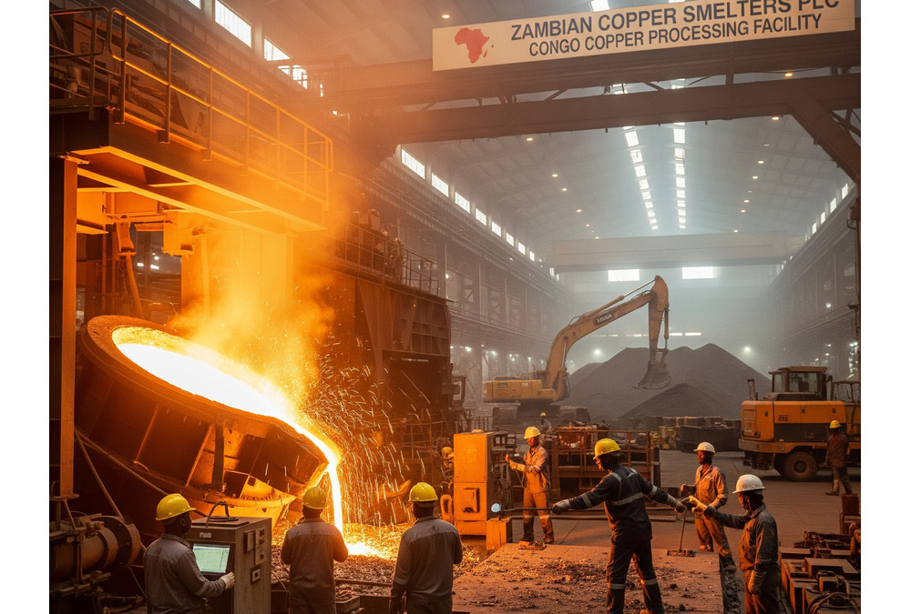Industrial copper processing in Africa, showing workers handling copper cathodes at a smelting facility, symbolizing efforts toward mineral beneficiation.