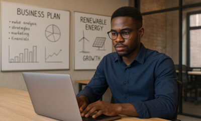A young African entrepreneur working on a laptop in a co-working space in Kimberley, Northern Cape. Background includes whiteboards with business plans and renewable energy diagrams, symbolizing local innovation potential hindered by lack of venture capital access.