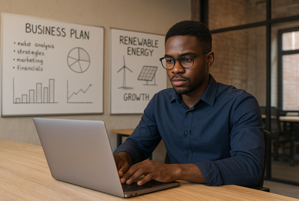 A young African entrepreneur working on a laptop in a co-working space in Kimberley, Northern Cape. Background includes whiteboards with business plans and renewable energy diagrams, symbolizing local innovation potential hindered by lack of venture capital access.