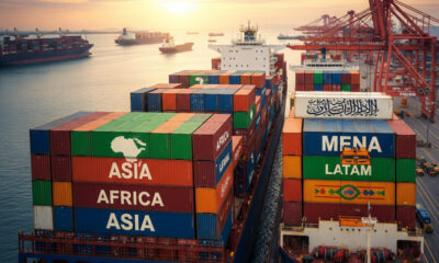 South-South trade: Cargo ships and containers symbolizing South-South trade between Asia, Africa, Latin America, and the Middle East.