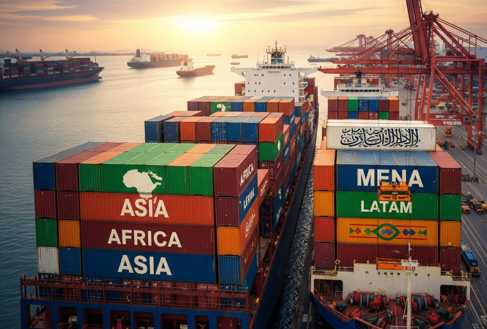South-South trade: Cargo ships and containers symbolizing South-South trade between Asia, Africa, Latin America, and the Middle East.