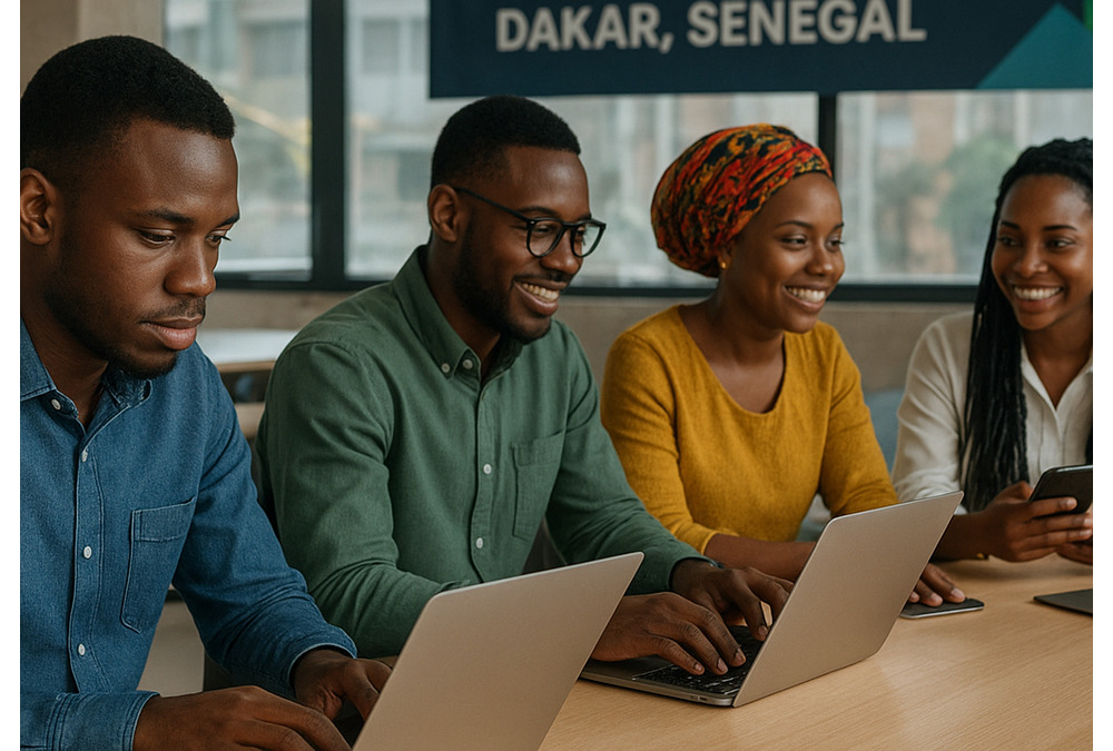 Innovative tech entrepreneurs working in a digital startup hub in Dakar, Senegal, driving economic growth in developing countries