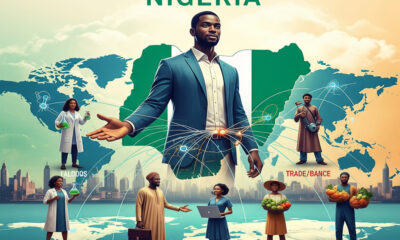 A dynamic illustration of Nigeria’s rising global economic influence, featuring interconnected trade routes, Nigerian-owned multinational enterprises, and cultural icons, symbolizing the nation’s shift from exporting goods to building global power and enterprise.