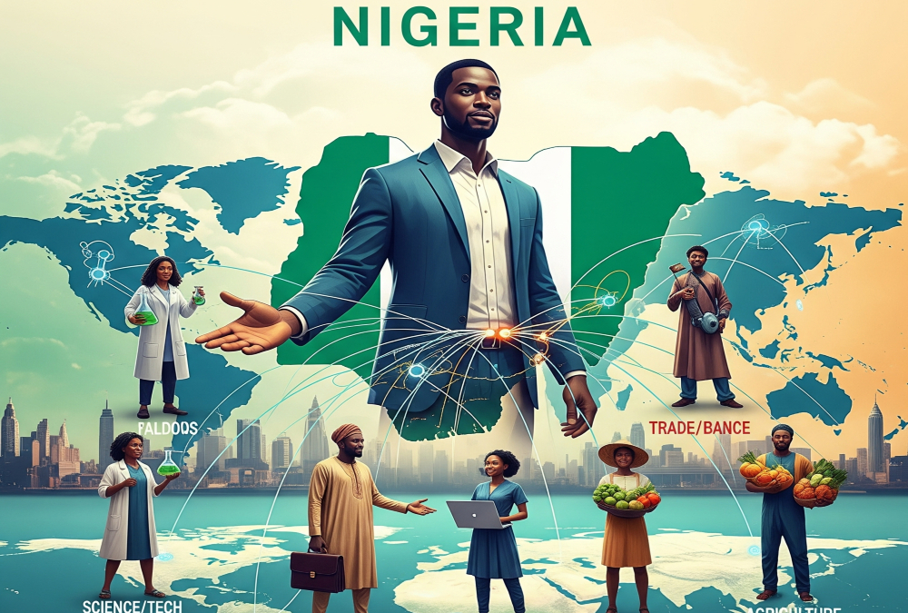 A dynamic illustration of Nigeria’s rising global economic influence, featuring interconnected trade routes, Nigerian-owned multinational enterprises, and cultural icons, symbolizing the nation’s shift from exporting goods to building global power and enterprise.