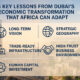 Infographic illustrating 5 key lessons from Dubai’s economic transformation that Africa can adapt—long-term vision, strategic geography, trade-ready infrastructure, high-trust business environment, and human capital investment—set against a backdrop of Dubai’s skyline and African urban landscapes.