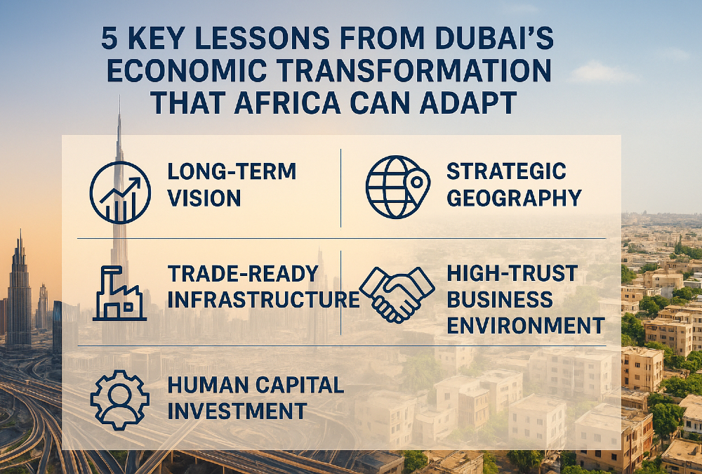Infographic illustrating 5 key lessons from Dubai’s economic transformation that Africa can adapt—long-term vision, strategic geography, trade-ready infrastructure, high-trust business environment, and human capital investment—set against a backdrop of Dubai’s skyline and African urban landscapes.