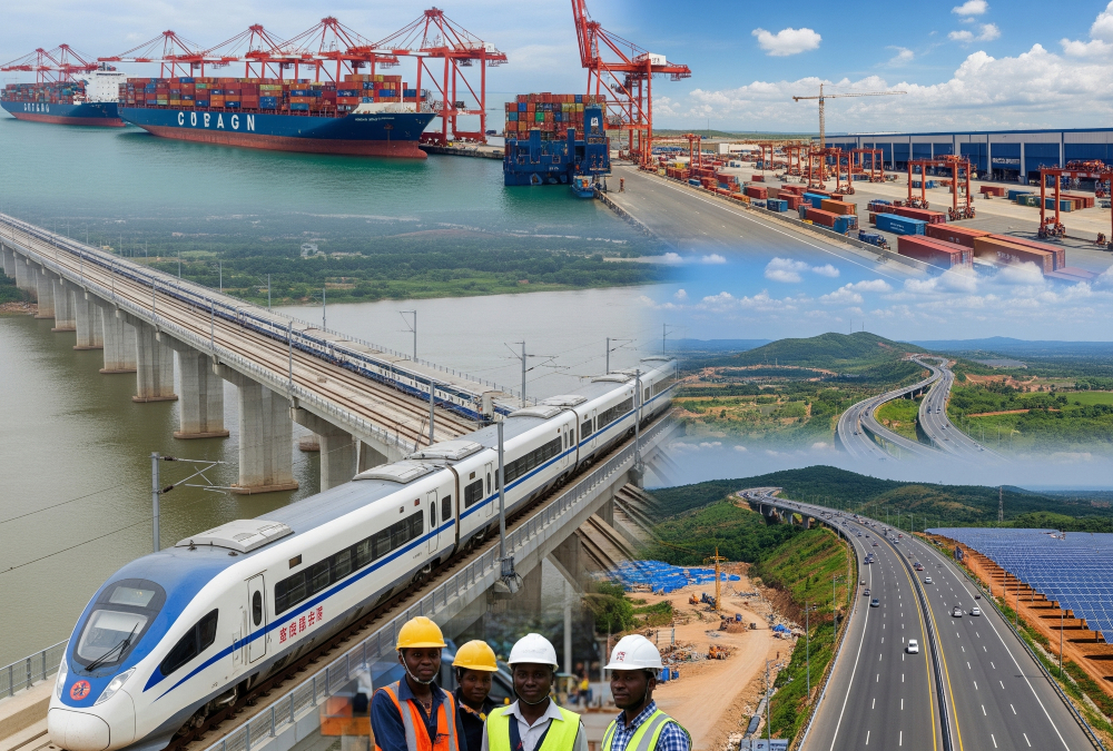 Africa as a strategic hub in the Belt and Road Initiative, with infrastructure like solar farms, digital networks, and logistics ports highlighting US$39 billion in Chinese investment driving industrial transformation across the continent in 2025.