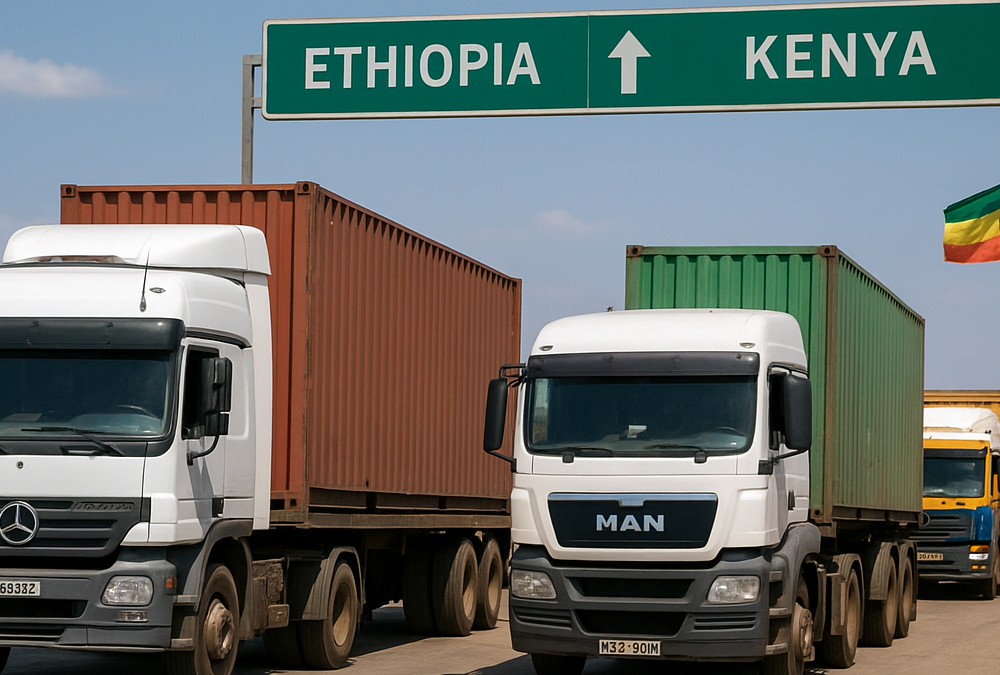 Commercial trucks at the Ethiopia-Kenya border, symbolizing growing trade facilitation efforts under the Horn of Africa Initiative to boost cross-border commerce.