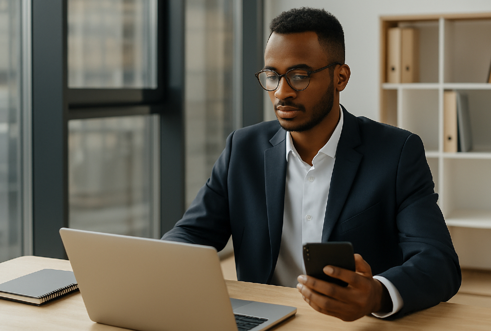 African entrepreneur in a modern workspace using digital technology, symbolizing Africa’s rise as a global growth frontier and strategic investment opportunity in 2025.