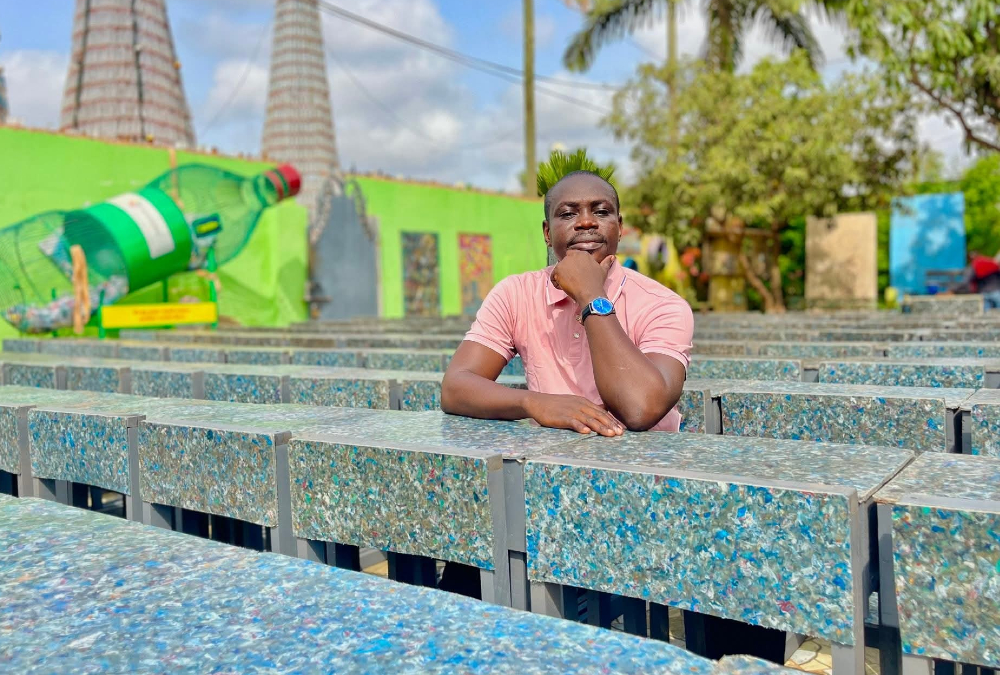 Ghanaian entrepreneur Makafui Awuku creating durable school desks from recycled plastic waste to reduce pollution and support education