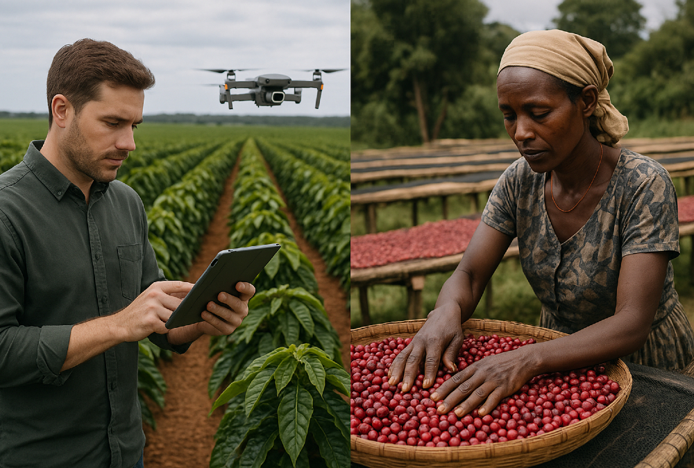 Contrast between high-tech Brazilian coffee farm using AI and drones and traditional Ethiopian smallholder coffee farming with manual processing