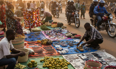 A bustling African street market at dawn, showing vendors setting up stalls, informal traders selling goods, and motorcycle taxis (boda bodas) weaving through the crowd — a vivid representation of Africa’s informal economy thriving beyond GDP metrics.