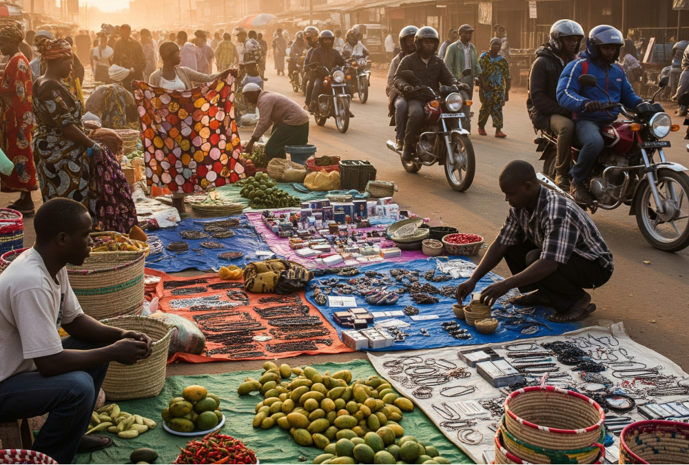 A bustling African street market at dawn, showing vendors setting up stalls, informal traders selling goods, and motorcycle taxis (boda bodas) weaving through the crowd — a vivid representation of Africa’s informal economy thriving beyond GDP metrics.