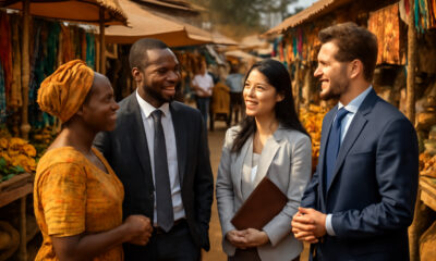 A diverse group of business professionals in an African market setting, engaged in conversation - highlighting the importance of listening, cultural understanding, and collaboration in international business. The image symbolizes cross-cultural communication, local partnership, and market entry success through active listening.