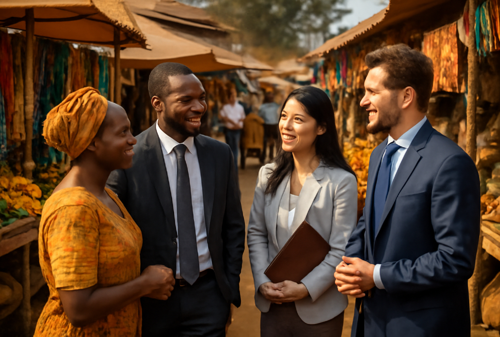 A diverse group of business professionals in an African market setting, engaged in conversation - highlighting the importance of listening, cultural understanding, and collaboration in international business. The image symbolizes cross-cultural communication, local partnership, and market entry success through active listening.
