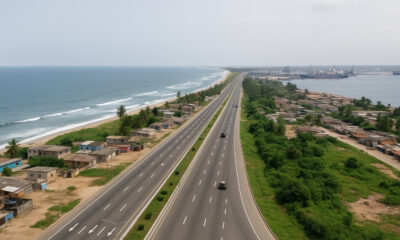 Aerial view of the Trans-West African Coastal Highway connecting major cities and ports across 12 West African countries, symbolizing regional integration, trade expansion, and economic development.