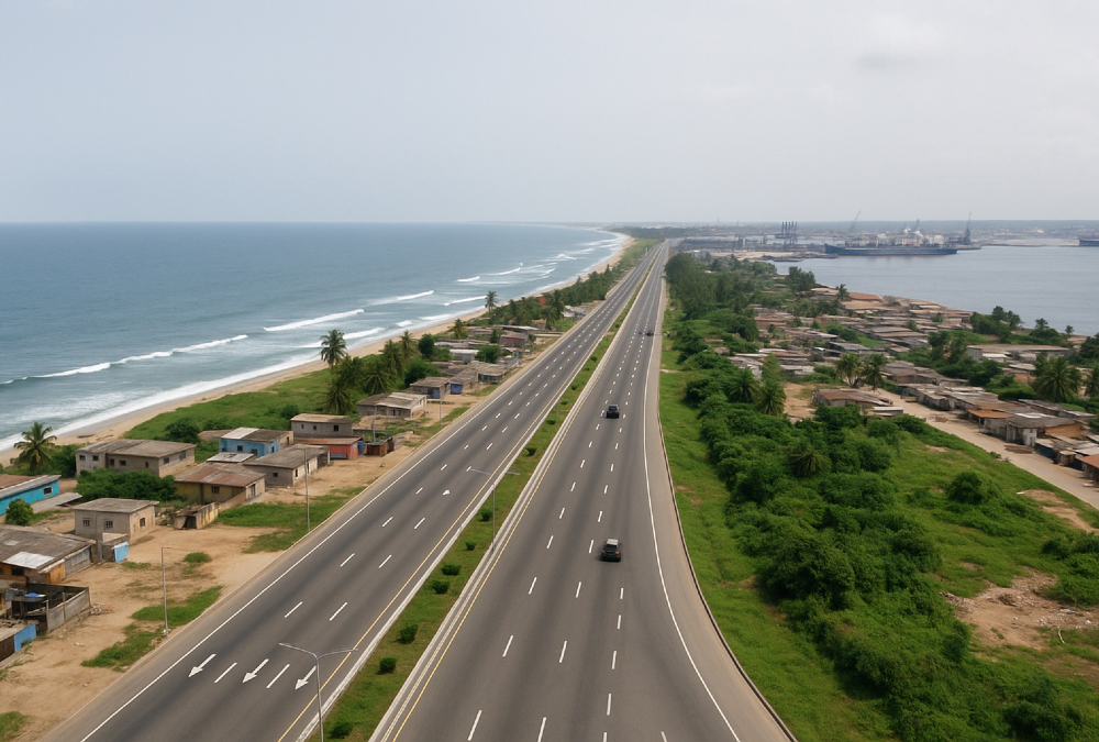 Aerial view of the Trans-West African Coastal Highway connecting major cities and ports across 12 West African countries, symbolizing regional integration, trade expansion, and economic development.
