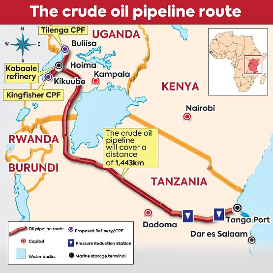 Map of the East African Crude Oil Pipeline (EACOP) route from Kabaale, Hoima District, Uganda to Tanga, Tanzania, highlighting key towns and cross-border infrastructure.