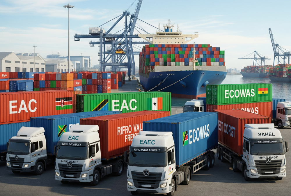 Cargo trucks and ships representing growing trade between East African Community and ECOWAS countries in 2025
