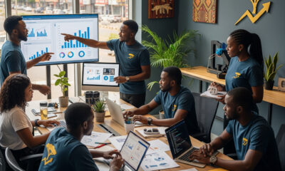 African entrepreneurs collaborating in a modern co-working space, symbolizing the growth potential of SMEs across Africa’s rising innovation economy