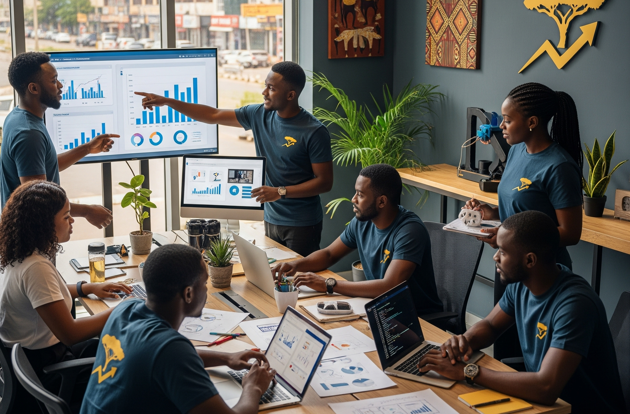 African entrepreneurs collaborating in a modern co-working space, symbolizing the growth potential of SMEs across Africa’s rising innovation economy