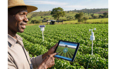 African farmer using technology to improve crop production with artificial intelligence and digital tools in rural agriculture