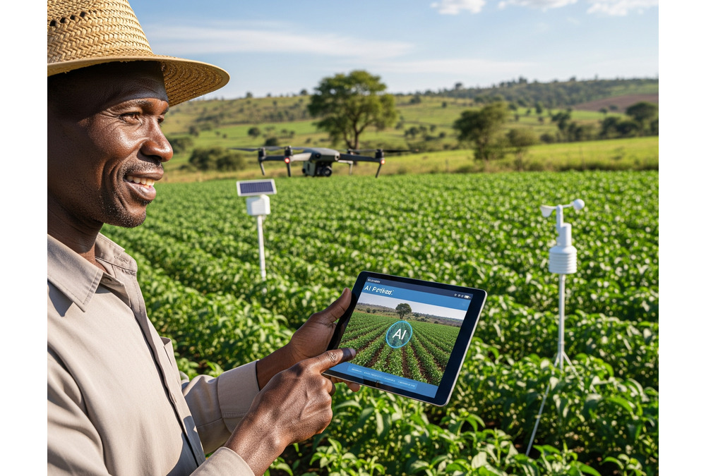 African farmer using technology to improve crop production with artificial intelligence and digital tools in rural agriculture