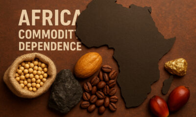 Map of Africa highlighting countries with high commodity dependence, overlaid with export icons for oil, minerals, and agricultural products, symbolizing economic reliance on raw materials