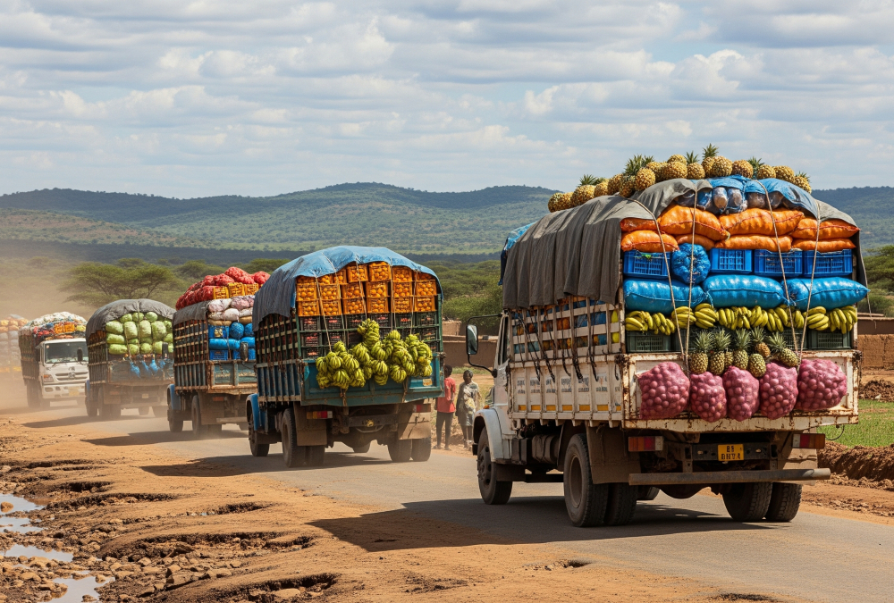 Trucks transporting fresh produce across Africa on poorly maintained roads, highlighting delays in the continent's food supply chain and the urgent need for efficient logistics infrastructure.