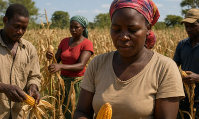 Farmers harvesting maize in rural Africa, representing agricultural potential and the need for investment in local food production