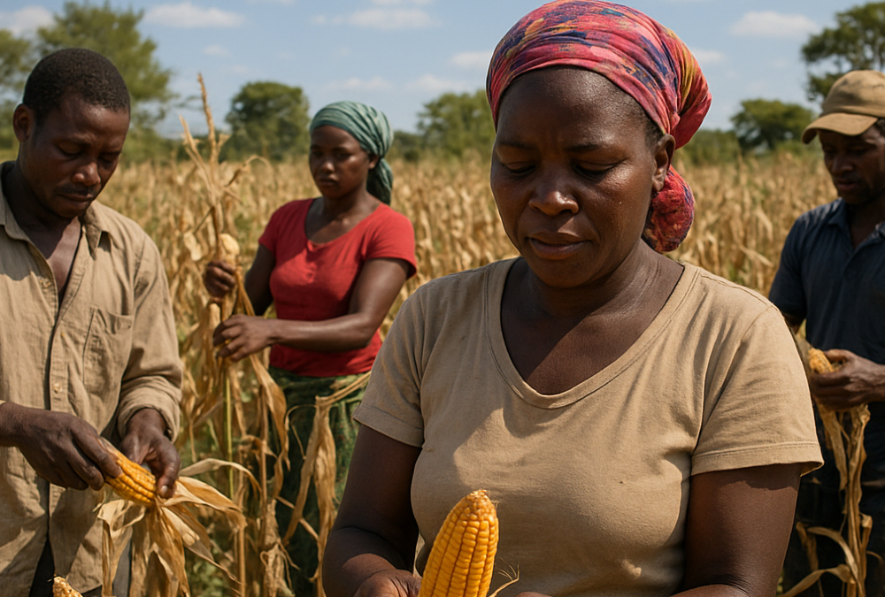 Farmers harvesting maize in rural Africa, representing agricultural potential and the need for investment in local food production