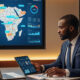A professional business leader reviewing investment data on Africa's growing markets, with a map of Africa highlighted in the background
