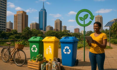 A vibrant African cityscape with recycling bins, upcycled products, and green technology symbolizing the transition to a circular economy - showcasing sustainability, innovation, and resource efficiency in urban Africa.