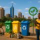 A vibrant African cityscape with recycling bins, upcycled products, and green technology symbolizing the transition to a circular economy - showcasing sustainability, innovation, and resource efficiency in urban Africa.