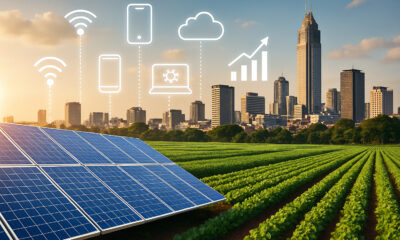 A modern African city skyline with solar panels, digital technology icons, and agricultural fields in the foreground, symbolizing the four key drivers of Africa’s economic transformation in 2025: infrastructure, digital innovation, urban consumption, and green growth.