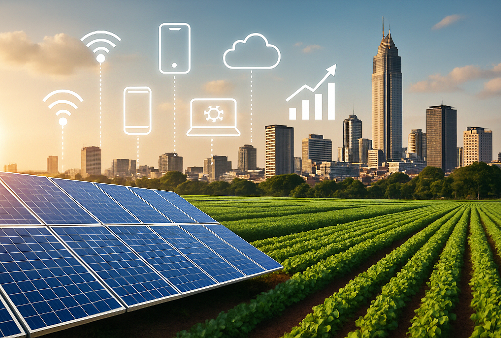A modern African city skyline with solar panels, digital technology icons, and agricultural fields in the foreground, symbolizing the four key drivers of Africa’s economic transformation in 2025: infrastructure, digital innovation, urban consumption, and green growth.