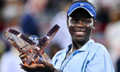 Victoria Mboko celebrates after defeating Naomi Osaka to win the 2024 National Bank Open in Montreal, becoming the first Canadian to claim the title in the city and marking a breakthrough moment in her rising tennis career.
