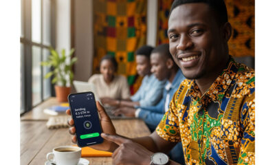 African entrepreneur using cryptocurrency on a smartphone to send cross-border payments, symbolizing blockchain-driven financial inclusion and digital innovation.
